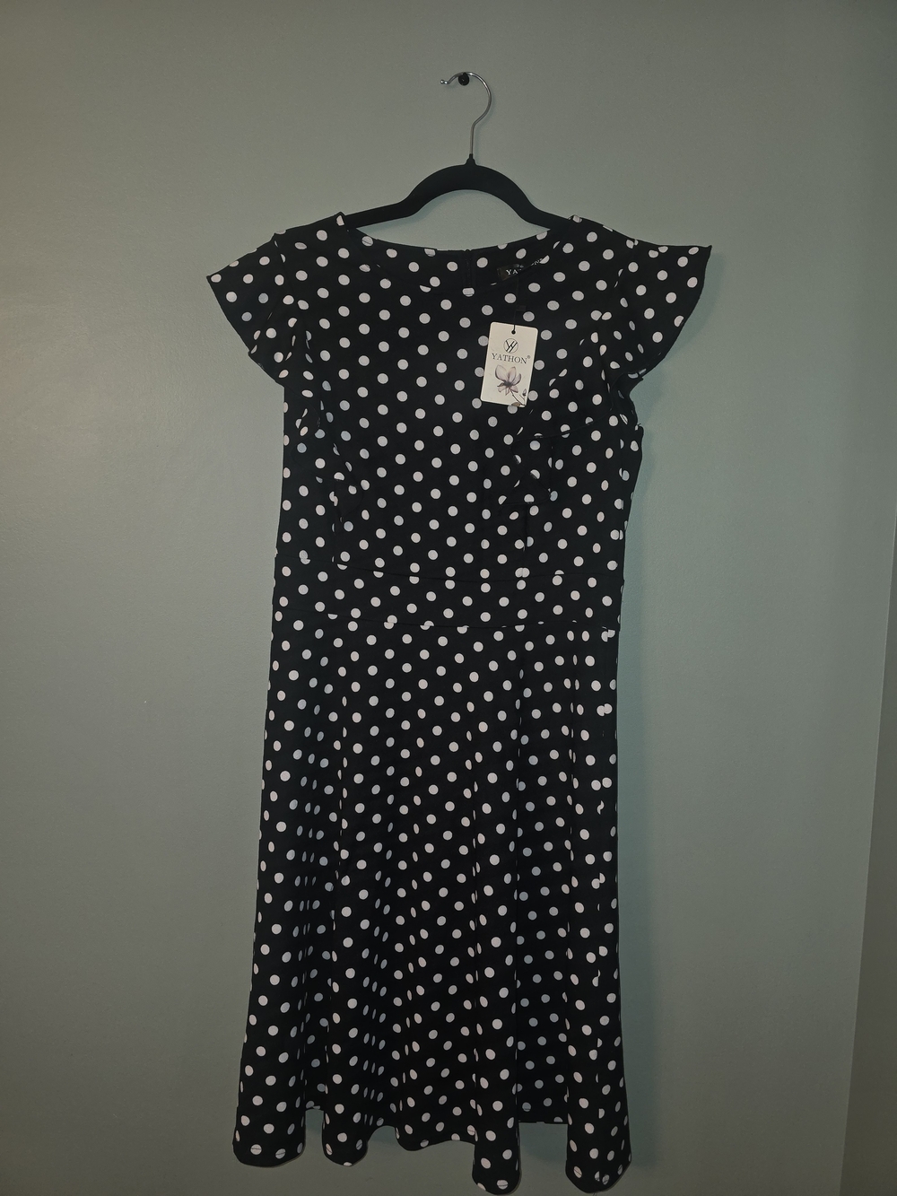 Vintro Black Polka Dot Midi Dress with Cap Sleeves